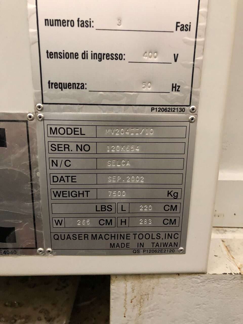 CENTRO DI LAVORO "QUASER" MOD. MV204II